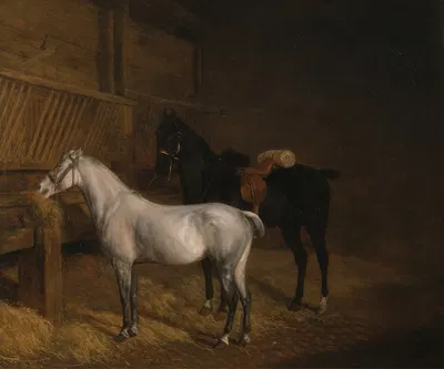 A Grey Pony and a Black Charger in a Stable by Жак-Лоран Агаз, 1804 — digital art print download