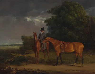 A Groom Mounted on a Chestnut Hunter, He Holds a Bay Hunter by the Reins by Жак-Лоран Агаз — digital art print download