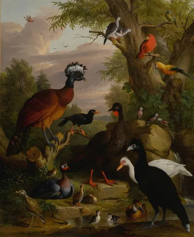An assembly of birds in a parkland landscape by Jakob Bogdány — digital art print download