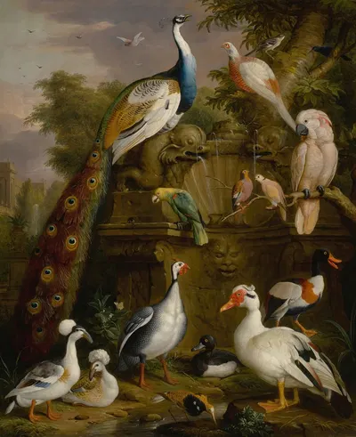 An assembly of birds in a parkland landscape by Jakob Bogdány — digital art print download