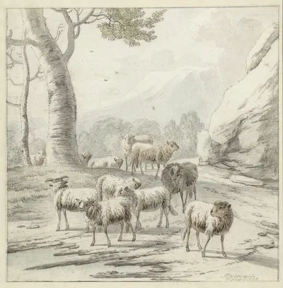 Landscape with a Flock of Sheep near a Tree by Jan van der Meer the Younger, 1688 — digital art print download