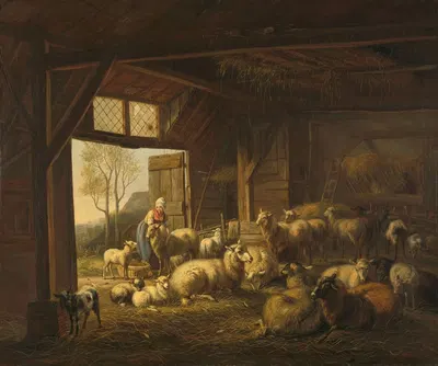 Sheep and Goats in a Stable by Ян ван Равенсваай, 1821 — digital art print download