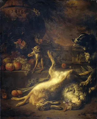 A Monkey and a Dog with Dead Game and Fruit by Ян Вейникс, 1704 — digital art print download