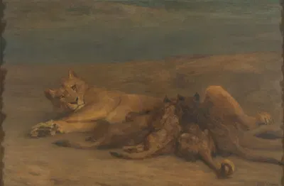 Een leeuwin met vier zogende welpen, genaamd 'Moederliefde' by Джон Макадлан Суон, 1870 - 1904 — digital art print download