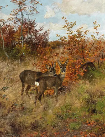 Roe Deer with Autumn Leaves by Йозеф Шмитцбергер — digital art print download