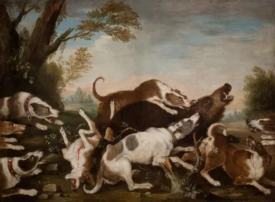 Hunting Scene (Dogs Attacking Wild Boar) by Joseph Anton Harzath — digital art print download