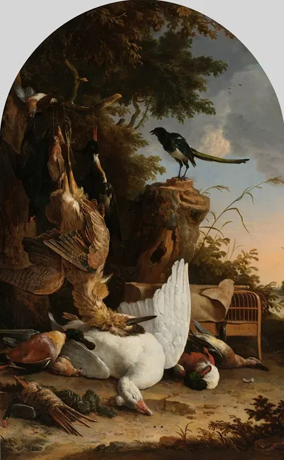A Hunter’s Bag near a Tree Stump with a Magpie, Known as ‘The Contemplative Magpie’ by Мельхиор д'Ондекайтер, c. 1678 —…