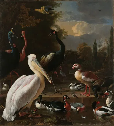 A Pelican and other Birds near a Pool, Known as ‘The Floating Feather’ by Мельхиор д'Ондекайтер, c. 1680 — digital art…