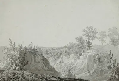 View of a valley, with two figures seated on a path by Уильям Дэй — digital art print download