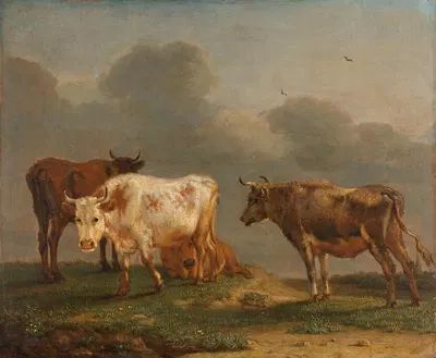 Four Young Bulls in a Meadow by Паулус Поттер, 1651 — digital art print download