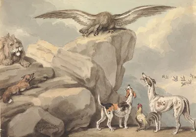 An Eagle Perched on a Rock; Lion, Fox, Two Hounds and a Rooster by Samuel Howitt — digital art print download