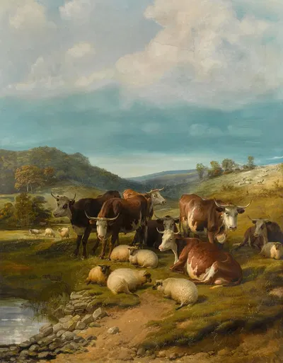 Cattle and Sheep at a Watering Place by Томас Сидни Купер — digital art print download