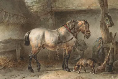 Paard en hond in een stal by Вутерус Версхур, 1851 - 1936 — digital art print download
