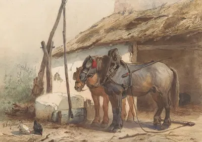 Twee paarden staand voor een stal by Вутерус Версхур, 1851 - 1936 — digital art print download