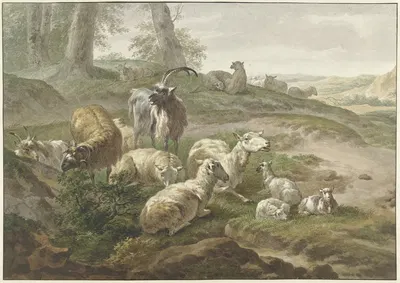 Bokken en schapen in een heuvelachtig landschap , after Nicolaes Pietersz. Berchem by Wybrand Hendriks, 1754 - 1831 —…