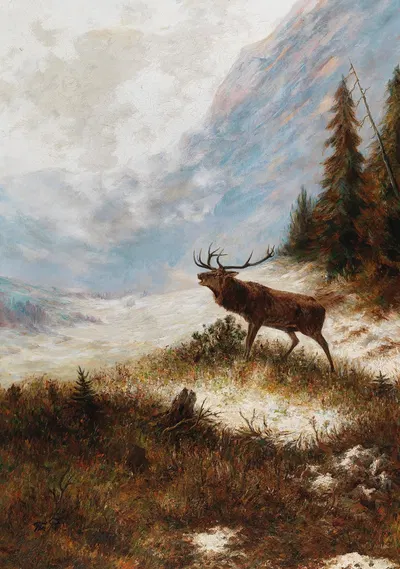Röhrender Hirsch in Winterlandschaft by Франц Ксавер фон Паузингер — digital art print download