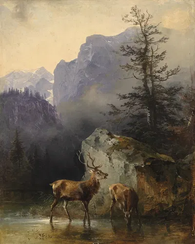 Hirsch und Tier an der Tränke by Фридрих Август Маттиас Гаурманн — digital art print download