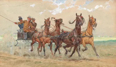 A four-in-hand in galopp, three sportive gentleman on a coach by Людвиг Кох — digital art print download