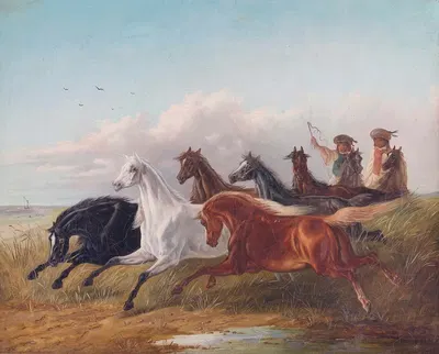 Zwei junge ungarische Reiter treiben Wildpferde in der Puszta vor sich her by Ludwig Kübler — digital art print download