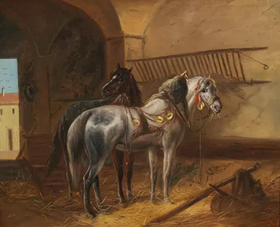 Zwei Pferde im Stall by Ludwig Kübler — digital art print download