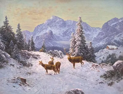 Hirsch mit Rudel im Winter by Ludwig Sckell — digital art print download