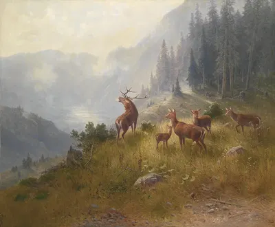 Hirsche im Hochgebirge by Людвиг Шкель — digital art print download