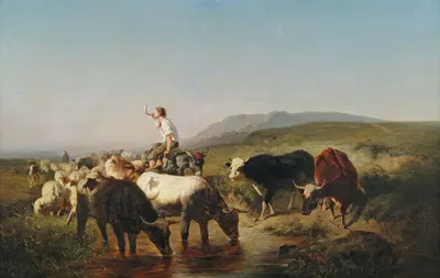 Vieh- und Schafherde mit eselreitendem Hirtenknaben in weiter Landschaft by Адольф Шрайер — digital art print download