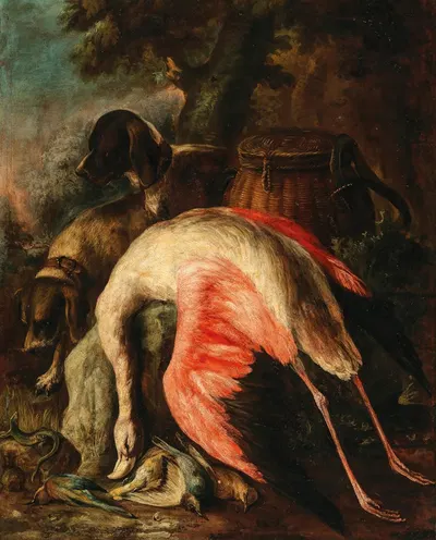 Hunting dogs with a flamingo and other game in a landscape by Baldassarre De Caro — digital art print download