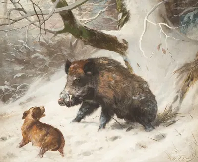 Hound tracking down a wild boar by Карл Фридрих Дейкер, 1888 — digital art print download