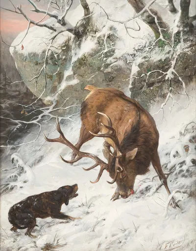 Hound catching a royal stag by Карл Фридрих Дейкер, 1889 — digital art print download