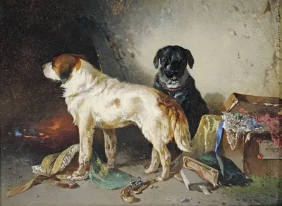 Zwei Hunde mit einer Kleiderkiste. by Carl Pischinger — digital art print download