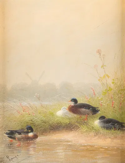 Ducks at the riverside by Fritz Lange — digital art print download
