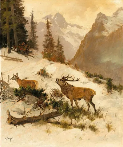 Roe Deer in a Mountain Landscape in Winter by Георг Бергер — digital art print download