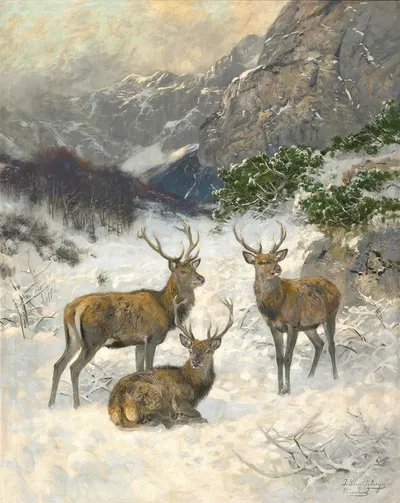 A Deer Herd in Winter by Йозеф Шмитцбергер — digital art print download