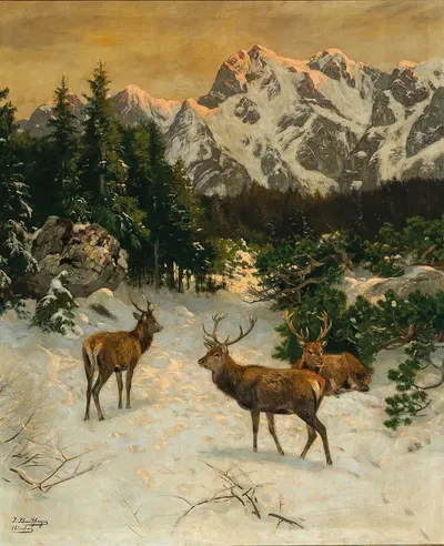 Red Deer in the Alps in Winter by Josef Schmitzberger — digital art print download