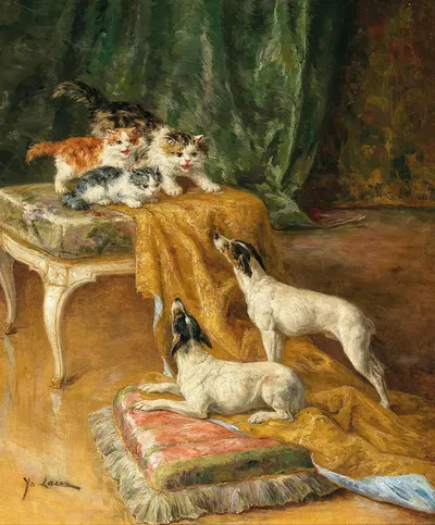 Two Jack Russells and Three Kittens by Мари-Ивонн Лор — digital art print download