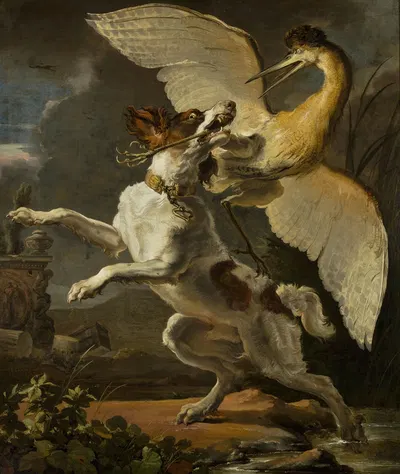 Dog fighting a heron by Абрахам Хондиус, 1667 — digital art print download