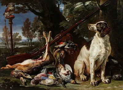Dog, hunting trophies and an owl by David de Coninck — digital art print download