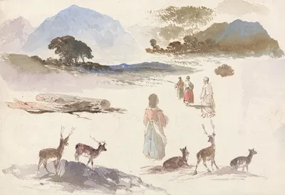 Sheet of Studies of Deer, Figures and Landscape by Аарон Эдвин Пэнли — digital art print download