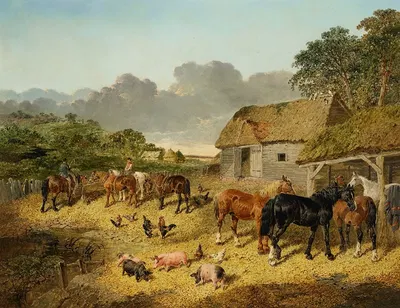 Horses Drinking from a Water Trough with Pigs and Chickens in a Farmyard by John Frederick Herring Jr. — digital art print…