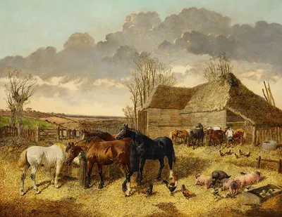 Horses Eating from a Manger with Pigs and Chickens in a Farmyard by John Frederick Herring Jr. — digital art print download