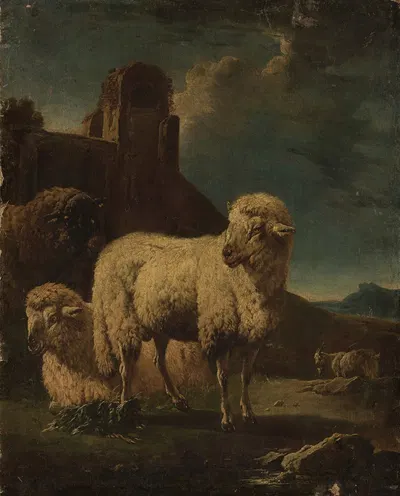 Rams with ruins in the background by Филипп Петер Рус — digital art print download