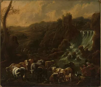 Cattle at the waterfall by Филипп Петер Рус — digital art print download