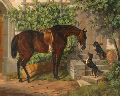 A Saddled Bay Horse and Curious Dachshunds by Альбрехт Адам, 1850 — digital art print download