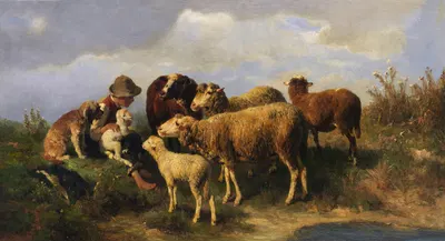 Hirtenjunge mit Schafen by Антон Брайт, 1870 — digital art print download