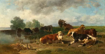 Cattle Resting on the Lakeside by Антон Брайт, 1873 — digital art print download