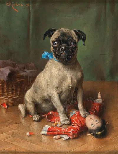 A Pug with a Japanese Doll by Carl Reichert, 1898 — digital art print download