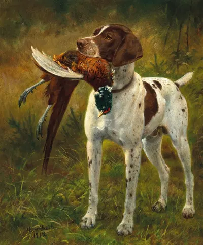 A Hunting Dog with a Pheasant by Caspar von Reth, 1912 — digital art print download