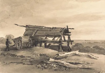 View at Harrow: with farm-worker, cart and ruined barn by Amelia Long — digital art print download