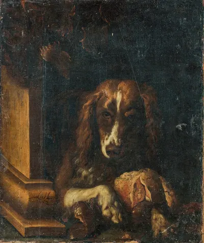 A Spaniel with a large bone of meat by Dirck De Horn, 1652 — digital art print download